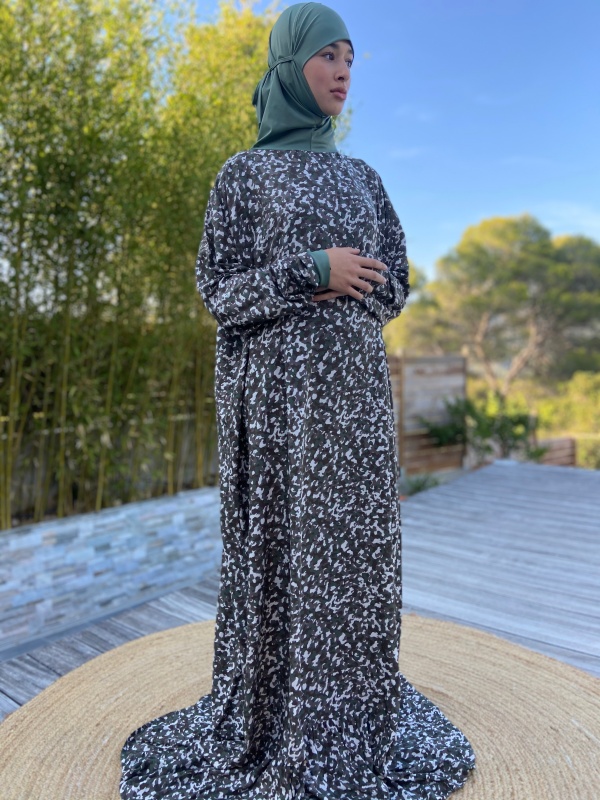 Robe de prière femme imprimée militaire hijab lycra kaki