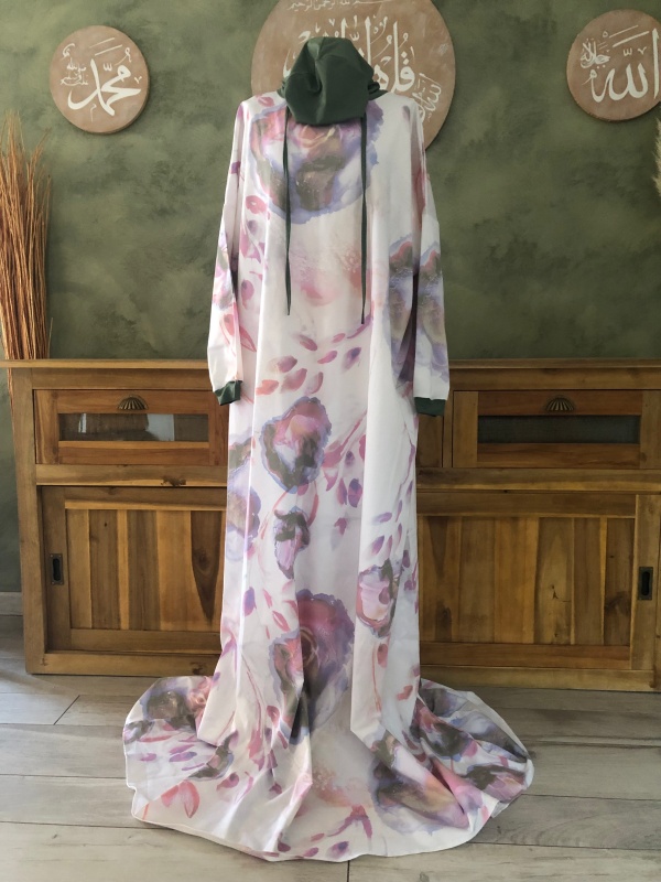 Robe de prière femme coton/élasthane imprimée fond blanc/kaki clair