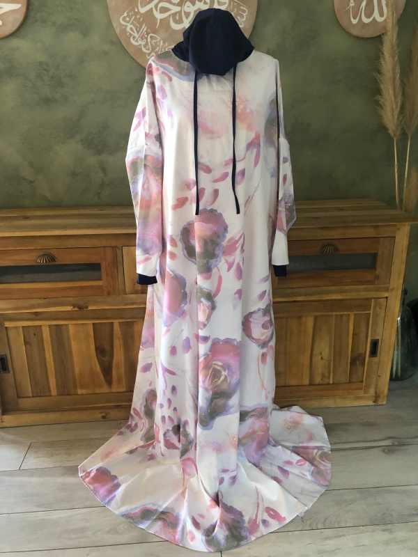 Robe de prière femme coton/élasthane imprimée fond blanc/marine